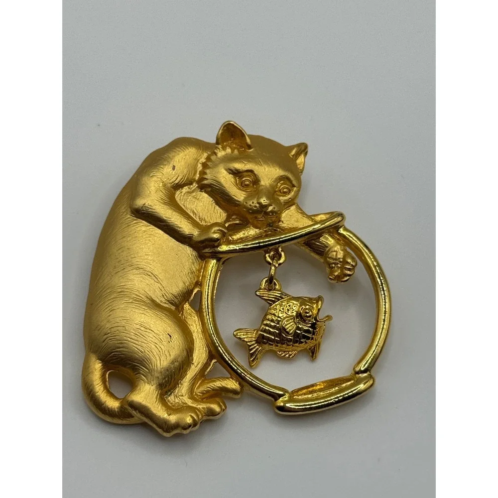 Vintage JJ Jonette Cat Fishbowl Brooch Gold Tone Pin